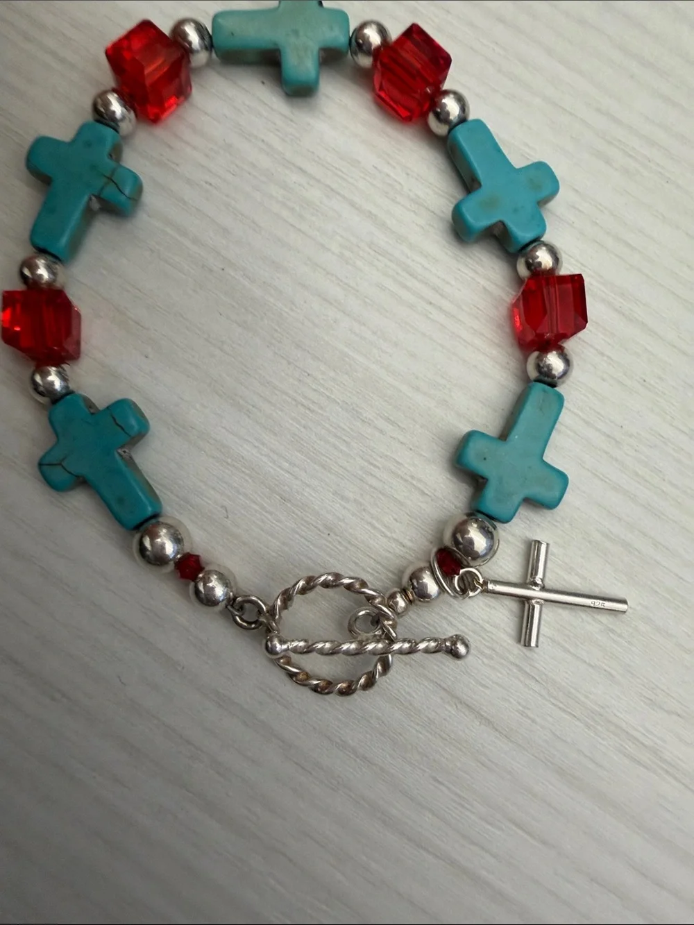 Sterling silver Turquoise Cross Bracelet with Red Crystal Accents